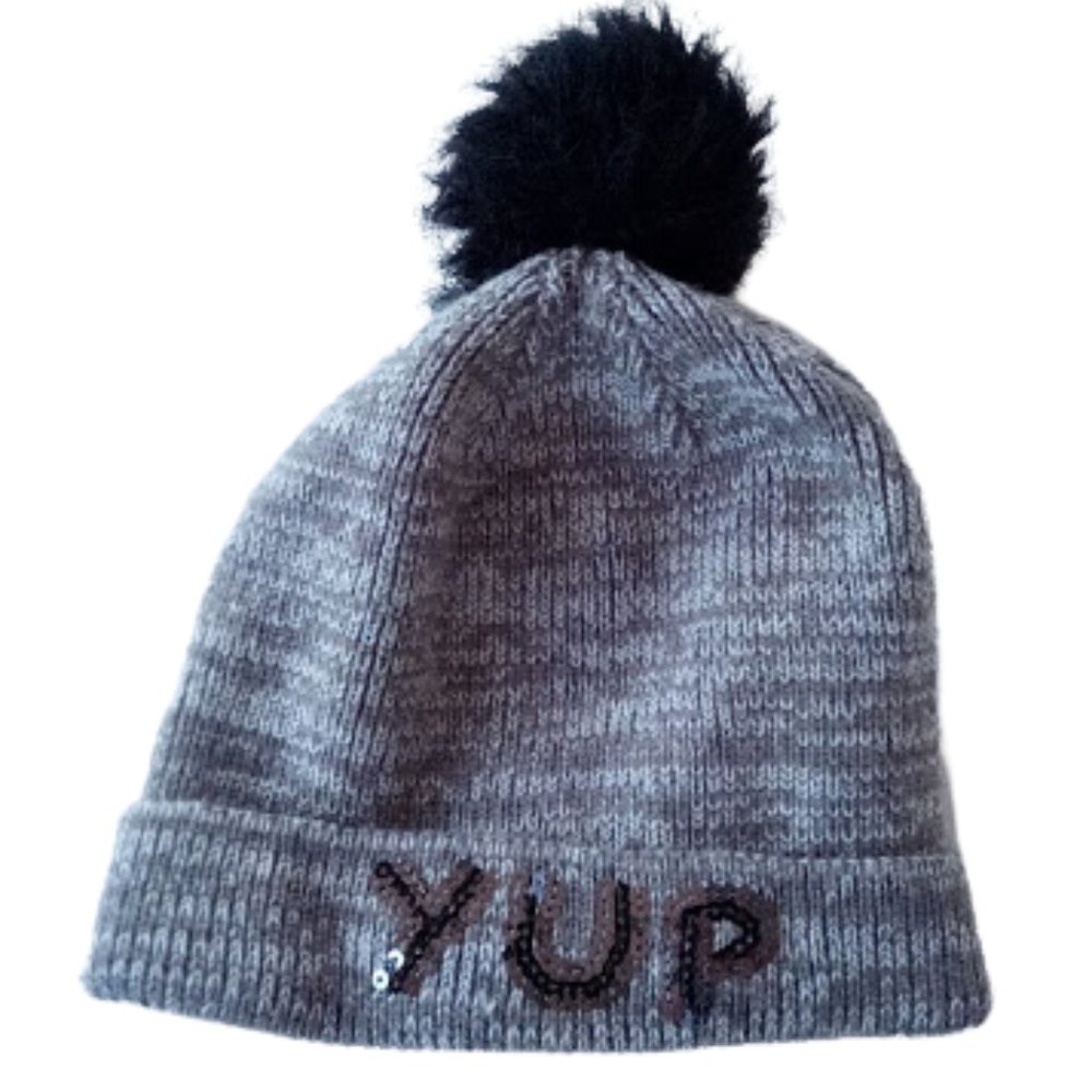 Gray Winter Hat Tuque with Pom Pom Fits Girl XL